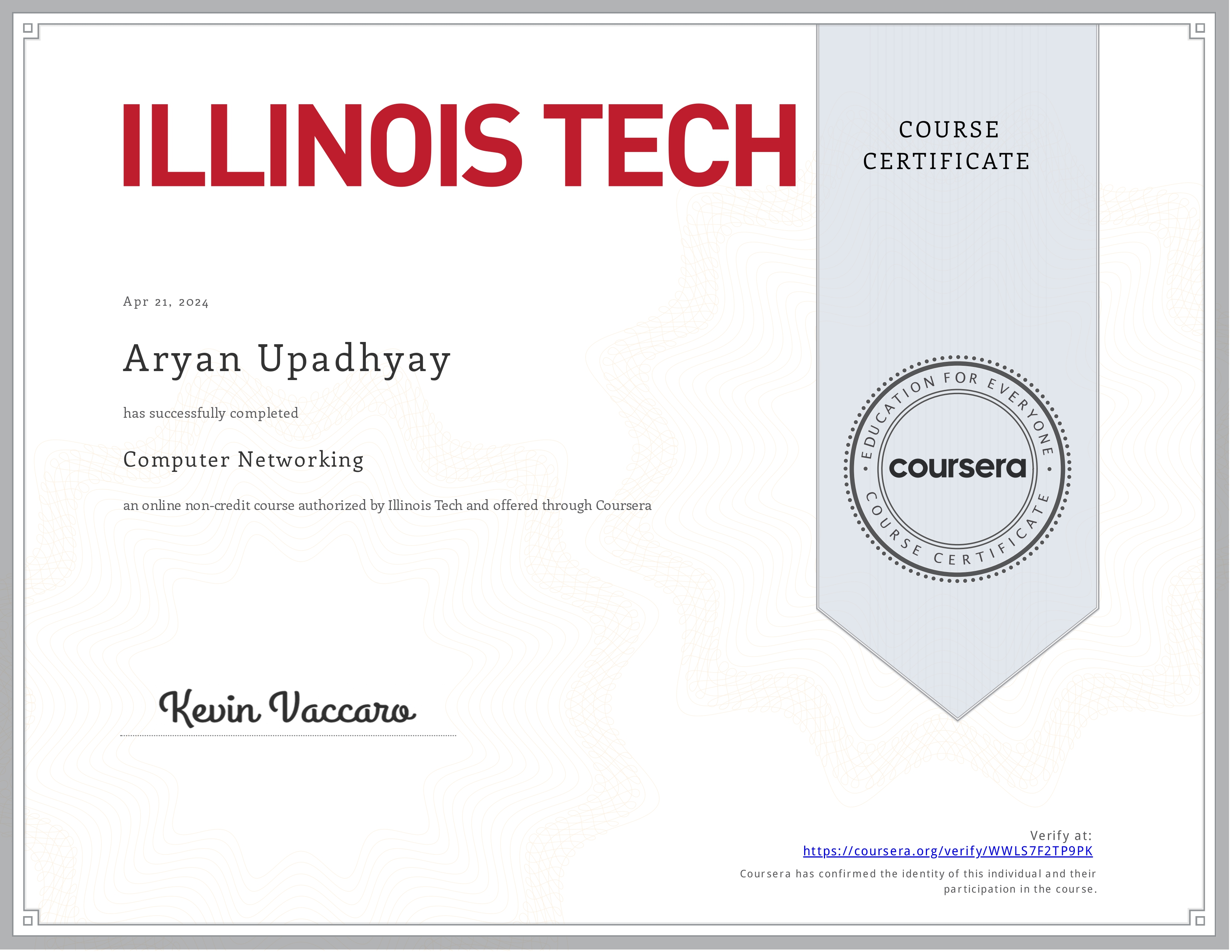 Computer Networking Certificate – Illinois Tech – Aryan Kumar Upadhyay